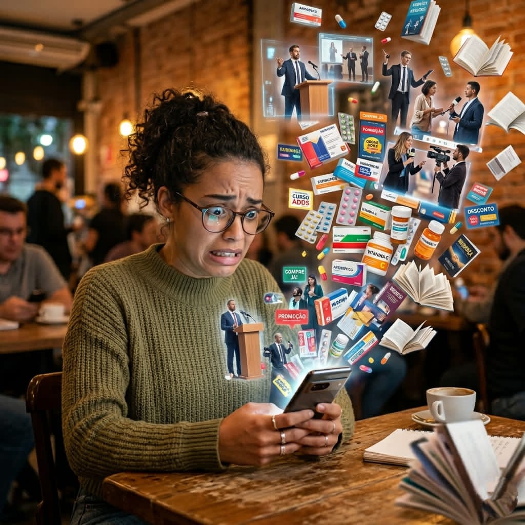 Mulher em um café olhando o celular cercada por anúncios, caixas de remédio e propagandas de saúde